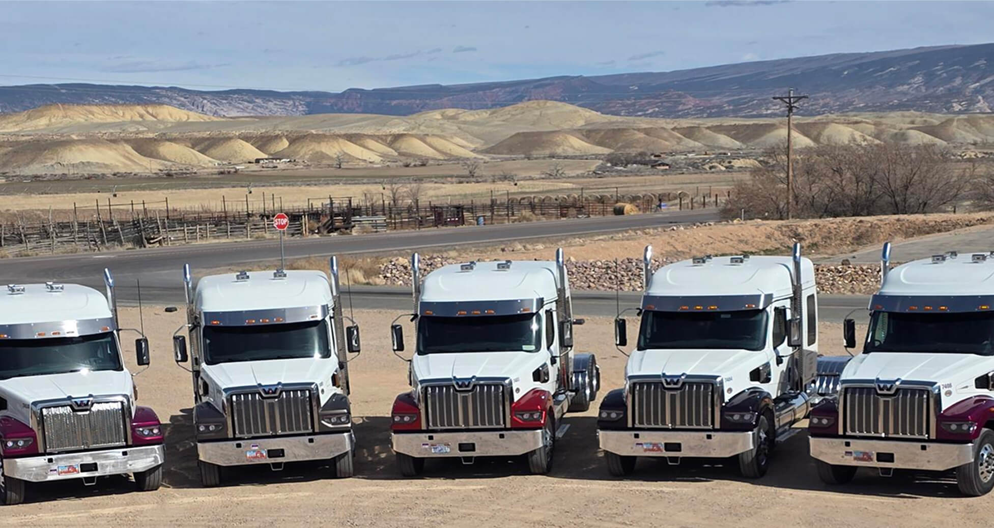 Line of white and red semi-trucks