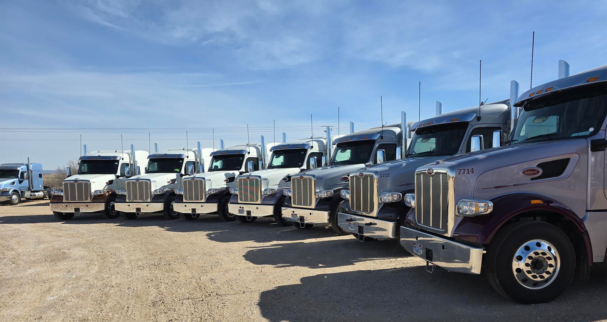 side profile of red and white trucks